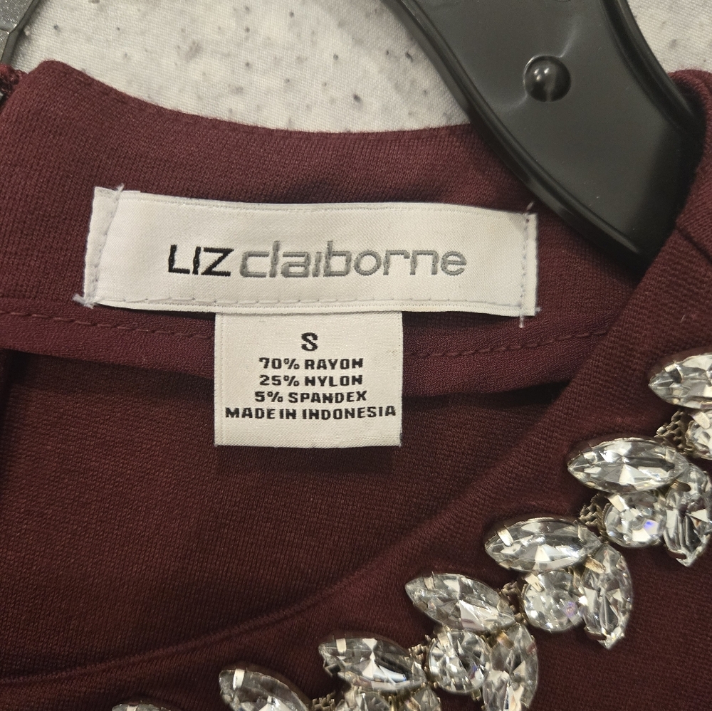 Liz Claiborne Burgundy Blouse with Embellished Neckline and 3/4 Sleeves - Picture 3 of 5